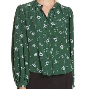 Veronica Beard Ashlynn Floral Silk Blouse Green Button Front Sz 4